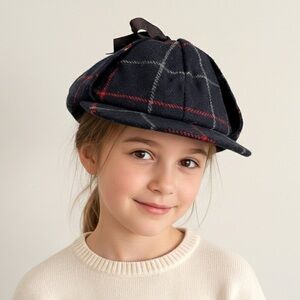 Vintage Navy Blue Check Wool Deerstalker / Sherlock Holmes Detective Hat - O/S